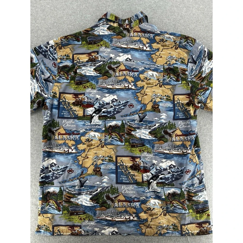 David Carey Alaska Hawaiian Shirt Mens 4XL Blue Map Print Button Up‎